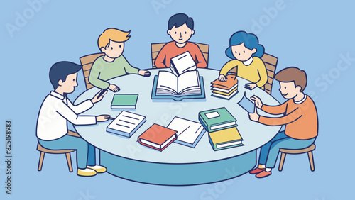 A group of students sitting at a round table each with a pile of paper and textbooks in front of them. One student is holding a highlighter and making. Cartoon Vector.