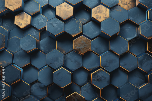 Abstract background of blue and white and a golden honeycomb symbol with a neon graphics background.