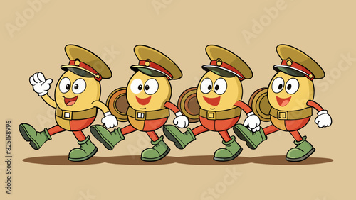 A group of soldiers marching in perfect unison their boots hitting the ground with a rhythmic thud and their uniforms perfectly pressed and adorned. Cartoon Vector.