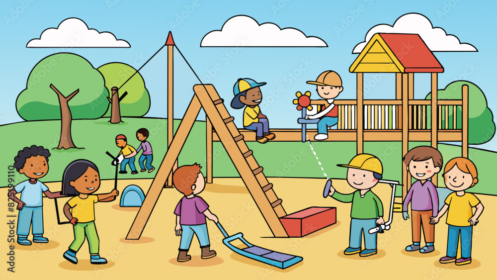 Fototapeta premium A heartwarming feature about a community coming together to build a new playground for their neighborhood children with swings slides and climbing. Cartoon Vector.