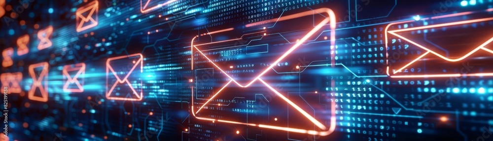 Networking and information flow, digital envelopes in a neonlit virtual environment, symbolizing connectivity Networking and information flow, digital envelopes in a neonlit virtual environment, symbolizing connectivity