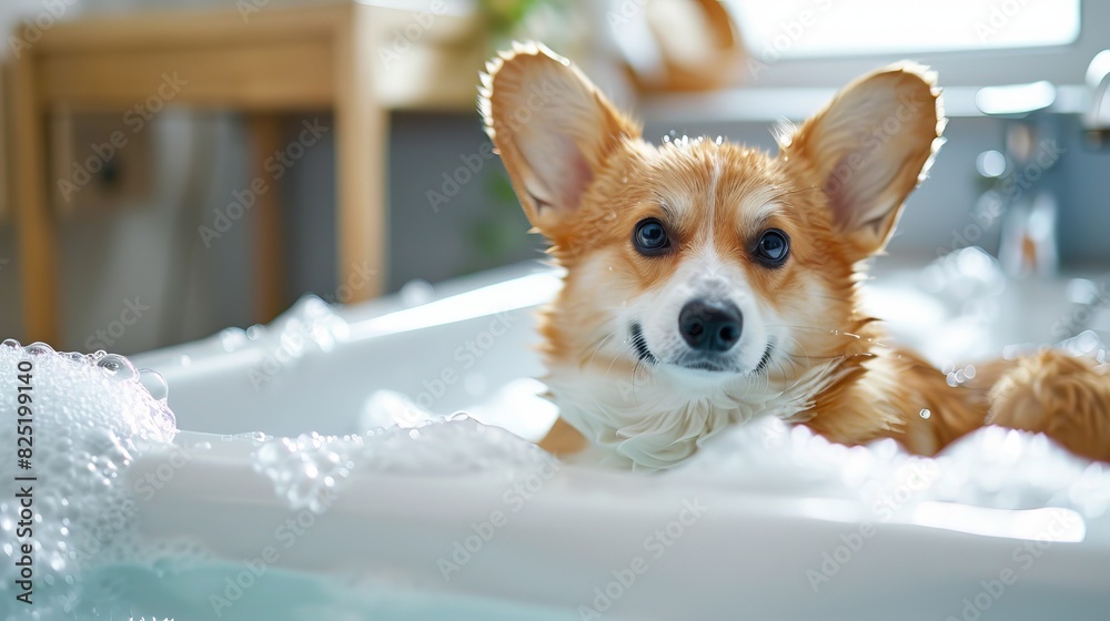 Adorable corgi puppy bathing in bubbles at grooming salon, pet shop banner with space