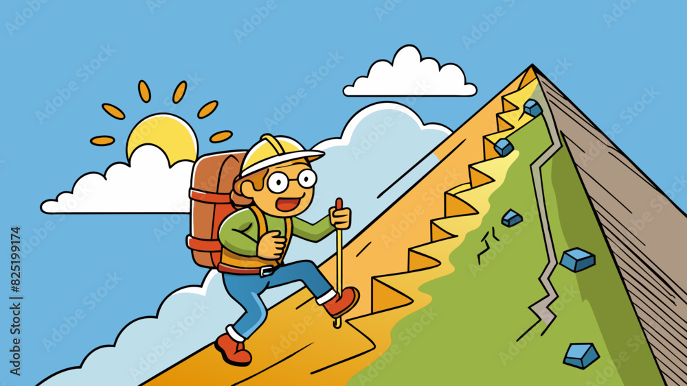 Obraz premium A hiker pauses to catch their breath as they climb up a steep mountain trail. Despite the challenging incline they continue on driven by their desire. Cartoon Vector.