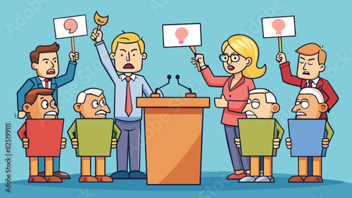 A heated debate on a podium between two individuals with opposing views while a group of onlookers hold signs and chant in support of their side.. Cartoon Vector.