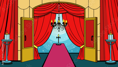 A heavy red velvet curtain hung at the entrance concealing the elegant theater from view. As it drew back the audience was welcomed into a grand hall. Cartoon Vector.