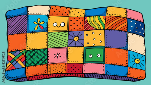 A handmade quilt featuring a patchwork of mismatched fabrics in vibrant colors and patterns. The stitching is neat and precise showcasing the skill. Cartoon Vector.