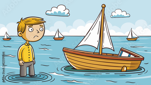 A hesitant sailboat unsure of whether to set off into the unknown waters or stay anchored safely in the harbor.. Cartoon Vector.