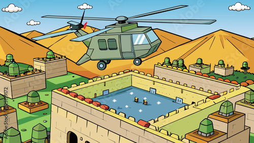 A helicopter flying above a heavily fortified base its blades whipping through the air as it delivers troops and supplies to the front lines.. Cartoon Vector.
