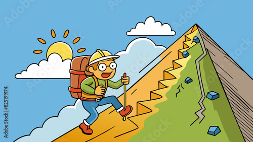 A hiker pauses to catch their breath as they climb up a steep mountain trail. Despite the challenging incline they continue on driven by their desire. Cartoon Vector.