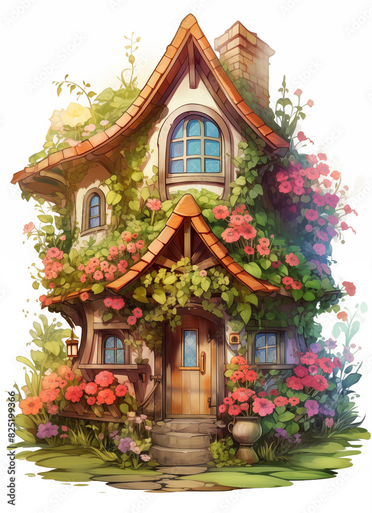 illustration of a house with a garden and flowers on the front