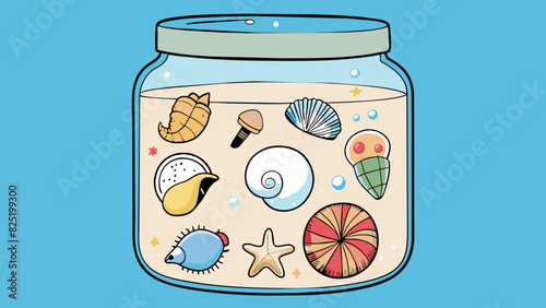 A jar filled with different types of seashells each labeled with its scientific name and location of where it was found.. Cartoon Vector.