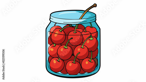 A jar filled with plump red cherries preserved in a thick sticky syrup. The cherries are slightly wrinkled and their stems are still attached.. Cartoon Vector.