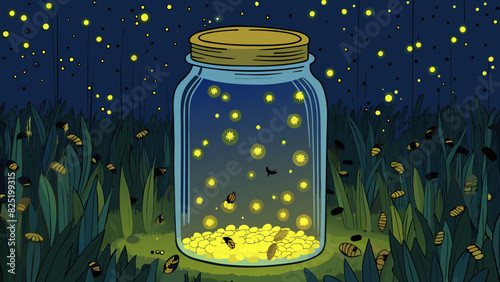 A jar filled with a million fireflies their soft glowing lights creating a mesmerizing display in the dark of the night.. Cartoon Vector.