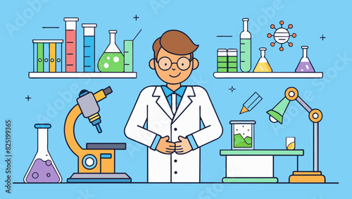 A laboratory with various scientific equipment neatly arranged on countertops. Test tubes beakers and microscopes can be seen along with a whiteboard. Cartoon Vector.