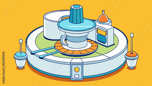A large circular contion with a central spinning blade and a variety of attachments and blades hanging from the sides. It has a power switch and speed. Cartoon Vector.