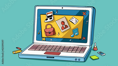 A laptop with a cracked screen and missing keys found in a high school locker. The laptop has stickers from various music bands and a few handwritten. Cartoon Vector.