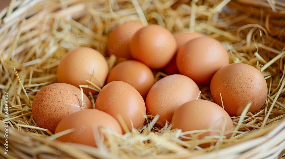 Close-up of organic eggs arranged neatly in a straw-filled basket, representing natural farm freshness Close-up of organic eggs arranged neatly in a straw-filled basket, representing natural farm freshness