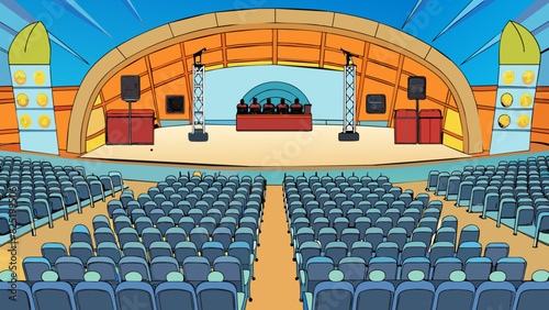 A large concert venue with a stage speakers and rows of seats for the audience to enjoy the performance.. Cartoon Vector.