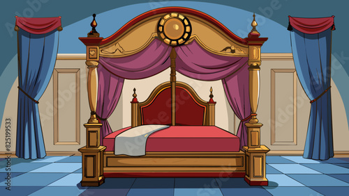 A large fourposter bed took up most of the space in the elegant bedroom. The posts were made of dark cherry wood with intricate designs etched into. Cartoon Vector.