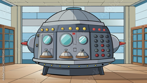 A large metallic object dominated the room its imposing presence impossible to ignore. It emitted a low hum and various dials and levers decorated its. Cartoon Vector.