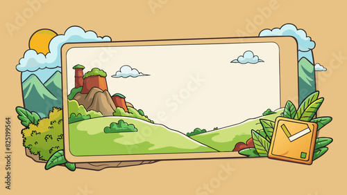 A large thick card with a matte finish displaying a beautiful watercolor painting of a landscape on one side. The other side features a blank space. Cartoon Vector.