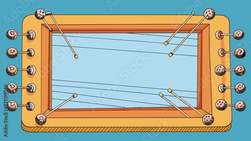 A large rectangular frame with strings stretched across in a grid pattern. Hanging from the strings are small metal objects that make a gentle chime. Cartoon Vector.