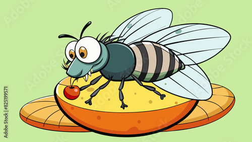 A large plump fly with black and white striped body perched on a halfeaten piece of fruit.. Cartoon Vector.