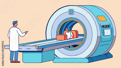 A large machine with a circular opening and a flat surface used for taking images of the bodys internal structures. It makes loud noises and the. Cartoon Vector.