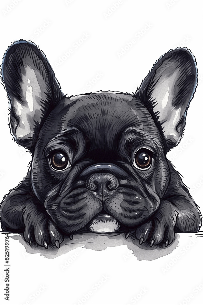 arafed black and white drawing of a dog with big ears
