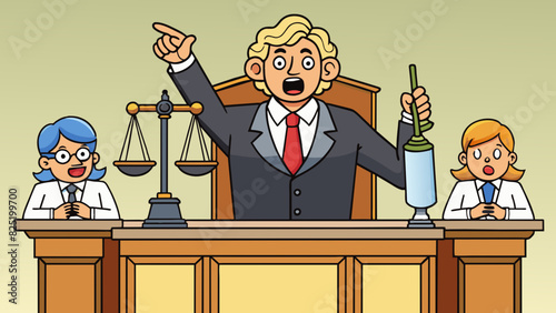 A lawyer standing in front of a podium in a courtroom gesturing emphatically and passionately arguing their case to a judge and jury.. Cartoon Vector.