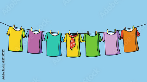 A line of laundry hangs on a clothesline colorful fabrics dancing in the breeze.. Cartoon Vector.