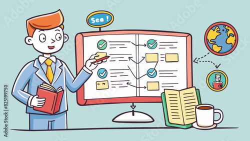 A linguist analyzing a sentence breaking it down into its grammatical components and examining the word order and syntax. The sentence appears to. Cartoon Vector.