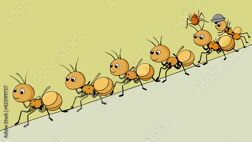 A line of ants marching in a straight path carrying small bits of food. The group moves in a unified manner towards a common goal with each ant. Cartoon Vector.
