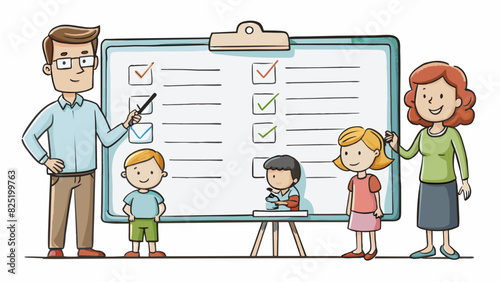 A list of household chores written on a whiteboard showing different tasks assigned to each family member. This list is characterized by its. Cartoon Vector.