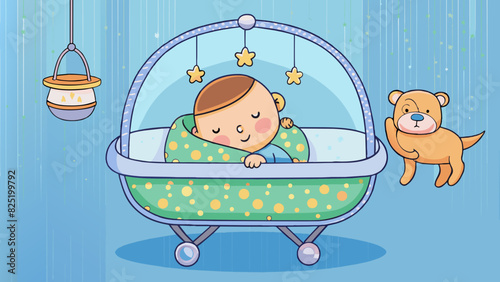 A little one sleeping peacefully in a cozy bassinet with a soft mobile above playing soothing lullabies and a e animal print on the walls.. Cartoon Vector.