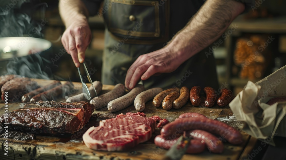 Butcher preparing organic steaks and sausages, arranging them neatly inside a rustic farm shop