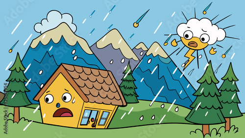 A loud and sudden thunderclap that echoes through the mountains followed by heavy rain that drums against the roof. The wind howls and the trees sway. Cartoon Vector.