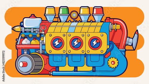 A loud powerful engine with multiple connected compartments painted in bright colors and adorned with logos and slogans.. Cartoon Vector.