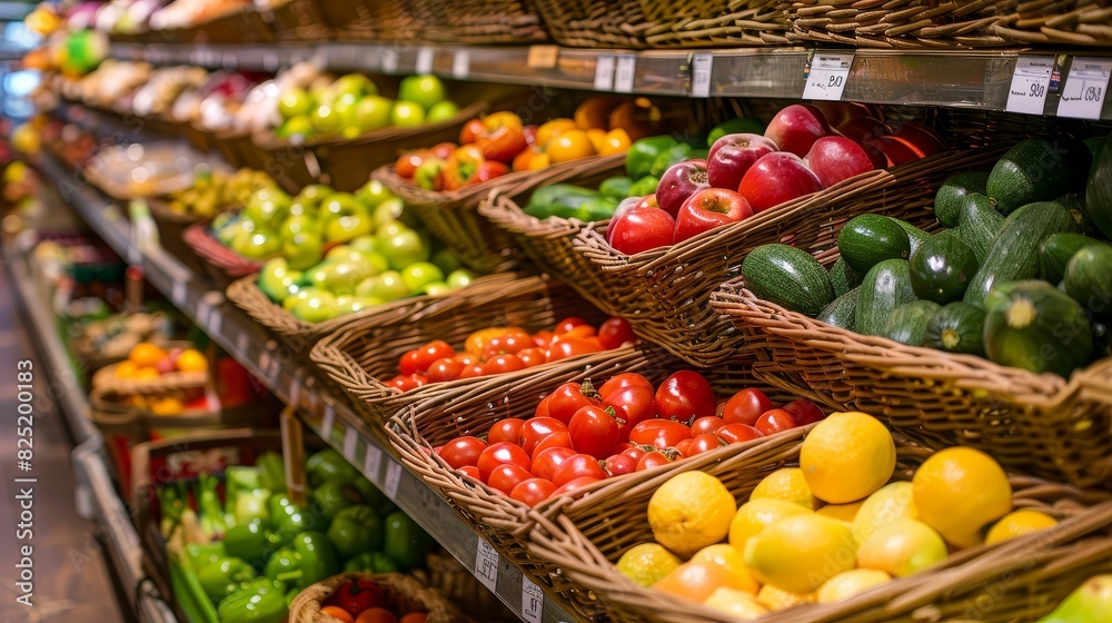 Brightly lit grocery store aisle filled with colorful, fresh vegetables and fruits neatly arranged in wicker baskets