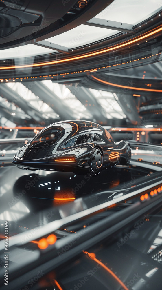 futuristic car in a futuristic space station with lights