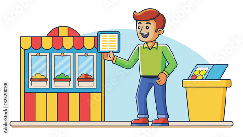 A man stands in line at the ticket booth of a amut park shifting from one foot to the other as he waits for his turn. He studies the brightly colored. Cartoon Vector.
