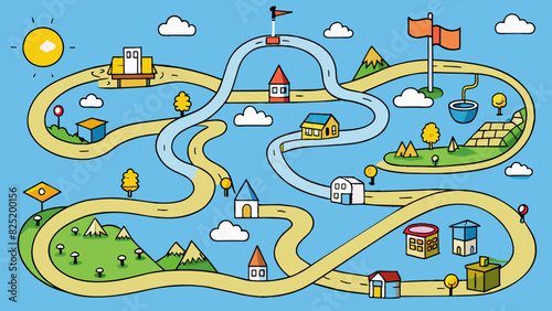A map with winding pathways and various routes illustrating the different paths a thought can take leading to different destinations and conclusions.. Cartoon Vector.