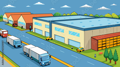 A massive warehouse with a corrugated metal exterior and several loading docks surrounded by a large parking lot filled with delivery trucks.. Cartoon Vector.