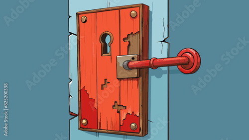 A metal door with a peeling layer of red paint showing hints of rust underneath. The lock is old and rusted with a large keyhole and a stiff handle. Cartoon Vector.