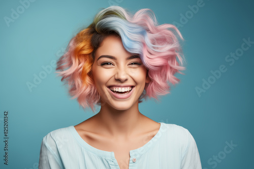 smiling woman with multicolored hair and white shirt on blue background