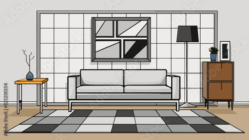 A minimalist apartment with sleek modern furniture. The walls are painted white the floors are covered in light gray tiles and there is a large black. Cartoon Vector.