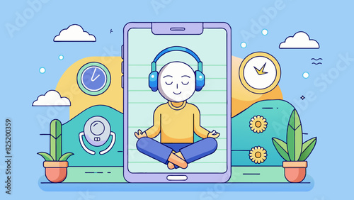 A mindfulness app that guides users through meditation and relaxation techniques. The objects within the app include soothing background music a timer. Cartoon Vector.