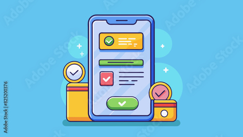 A mobile payment confirmation screen with a colorful and modern design. The total amount paid and the business name are prominently displayed along. Cartoon Vector.