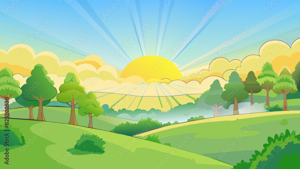 A morning mist slowly dissipates as the sun rises revealing the lush greenery that was previously hidden. The air is cool and fresh and the sunlight. Cartoon Vector.