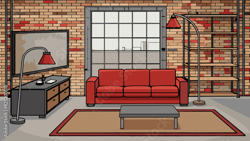 A modern industrial loft apartment with exposed brick walls and concrete floors. The living room is furnished with a large leather sectional couch and. Cartoon Vector.